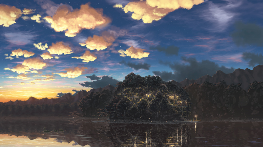bird, cloud, duck, dusk, fireflies, forest, highres, ladder