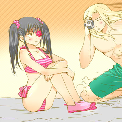 1boy, 1girl, 3mm, bikini, black_hair, blonde_hair, blush, eyepatch