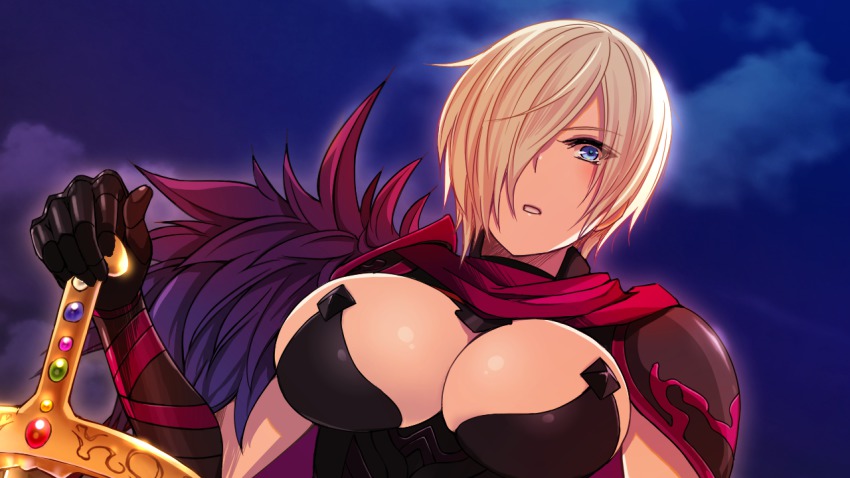 1girl, armor, blue_eyes, breasts, cape, cleavage, female_focus, game_cg