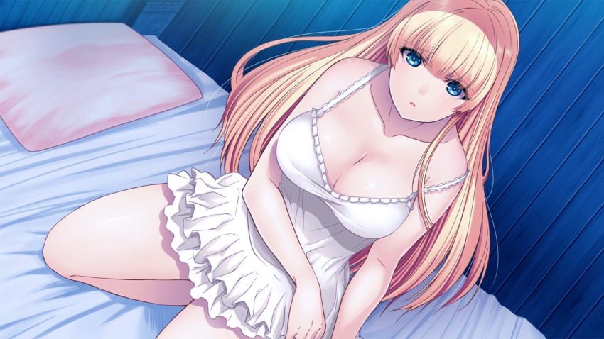 1girl, bare_arms, bare_legs, bare_shoulders, bed, blonde_hair, blue_eyes, breasts, cleavage, collarbone, dutch_angle, eyebrows, female_focus, game_cg, indoors, janne_la_pucelle, large_breasts, long_hair, looking_at_viewer, pillow, sagara_riri, sitting, solo, tokeidai_no_jeanne:_jeanne_u00e0_la_tour_d'horloge