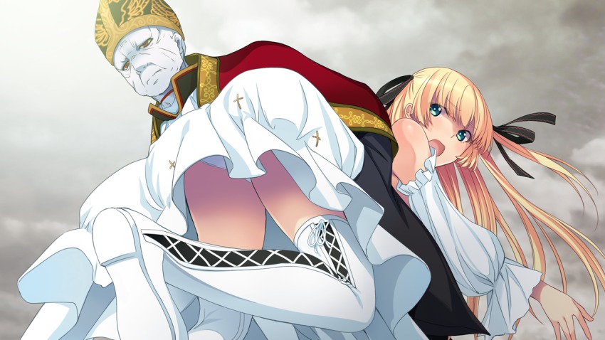 1boy, 1girl, ass, blonde_hair, boots, carrying, cloak, detached_sleeves