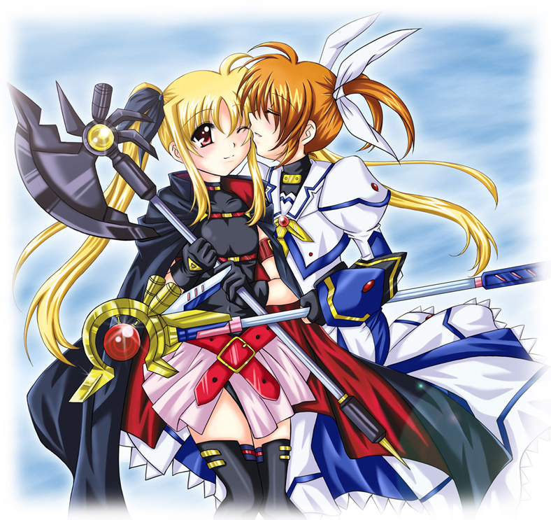 10s, 2girls, axe, bardiche_(axe_form)_(nanoha), bardiche_(nanoha), blonde_hair, fate_testarossa, fate_testarossa_(movie_1st_form)