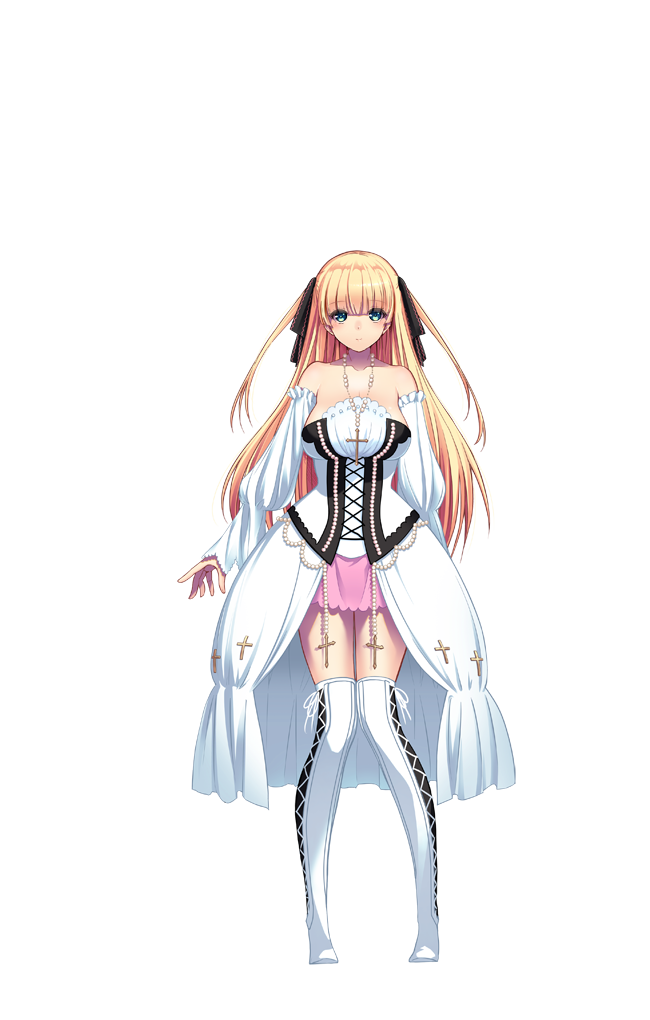 1girl, bare_shoulders, blonde_hair, boots, breasts, cross, cross_necklace, detached_sleeves