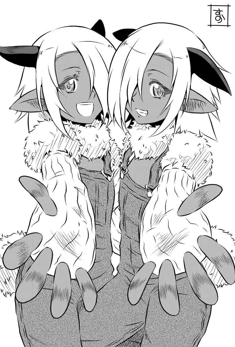 10s, 2girls, :d, animal_ears, cott, cowboy_shot, dark_skin, dark-skinned_female, elbow_gloves, fingerless_gloves, gloves, goat_ears, goat_girl, goat_horns, goat_tail, greyscale, hair_over_one_eye, horns, monochrome, monster_girl, monster_musume_no_iru_nichijou, multiple_girls, open_mouth, overalls, plant_girl, s-now, siblings, signature, sisters, smile, tail, tawn, twins