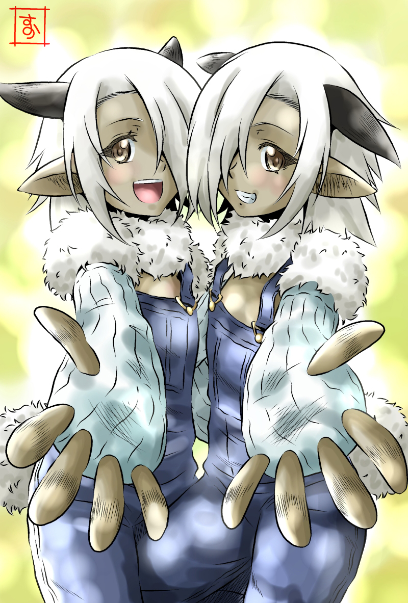 10s, 2girls, :d, animal_ears, brown_eyes, cott, cowboy_shot, dark_skin, dark-skinned_female, elbow_gloves, fingerless_gloves, gloves, goat_ears, goat_girl, goat_horns, hair_over_one_eye, horns, monster_girl, monster_musume_no_iru_nichijou, multiple_girls, open_mouth, overalls, plant_girl, s-now, siblings, signature, sisters, smile, tawn, twins, white_hair, yellow_background