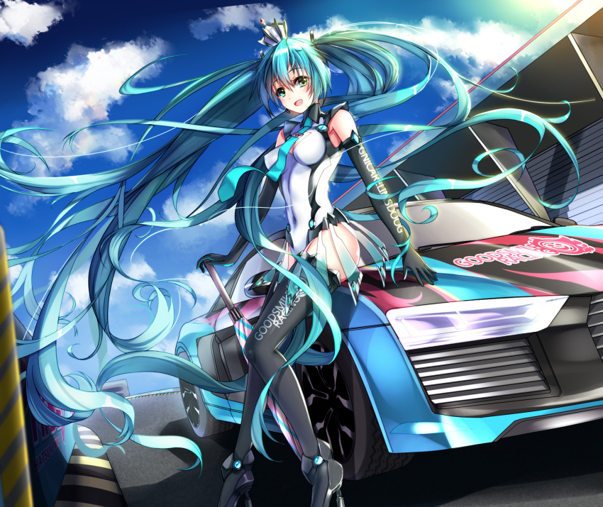1girl, absurdly_long_hair, aqua_hair, black_boots, black_thighhighs, boots, car, closed_umbrella