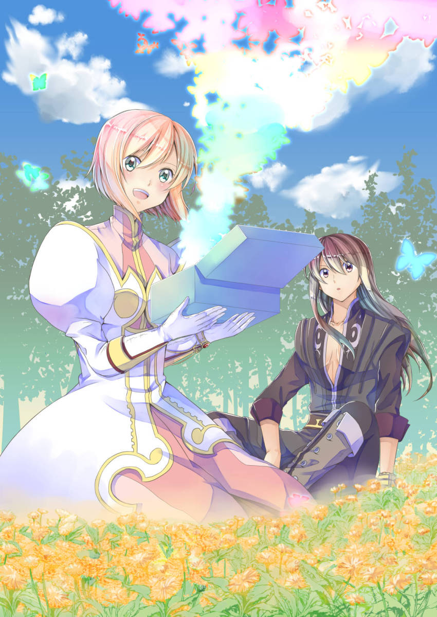 00s, 1boy, 1girl, black_eyes, black_hair, black_pants, boots, box, bug, butterfly, coat, dafne, dress, estellise_sidos_heurassein, flower, gloves, green_eyes, grey_footwear, highres, knee_boots, long_hair, looking_at_viewer, pants, pink_hair, short_hair, sitting, smile, tales_of_(series), tales_of_vesperia, white_gloves, yuri_lowell