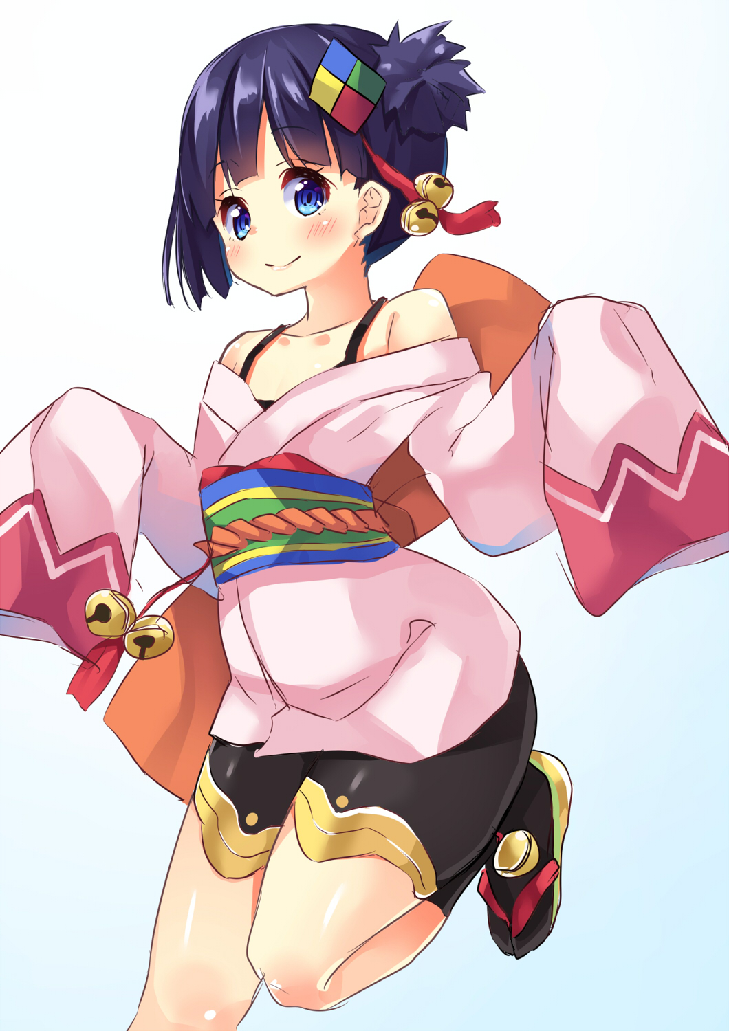 10s, 1girl, asa_no_ha_(awayuki), bare_shoulders, bike_shorts, black_hair, blue_eyes, blush, closed_mouth, female_focus, hair_ornament, highres, japanese_clothes, korobase_takumi, koukaku_no_pandora, leg_up, long_sleeves, looking_at_viewer, obi, off_shoulder, sash, short_hair, simple_background, skin_tight, sleeves_past_wrists, sleeves_rolled_up, smile, solo, standing, standing_on_one_leg, tareme, white_background