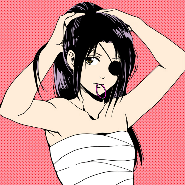 1girl, 3mm, black_hair, eyepatch, female_focus, flat_color, gintama, long_hair