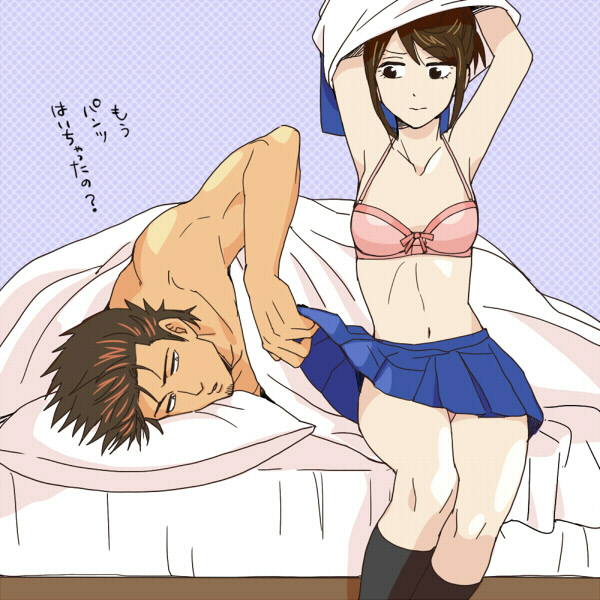 1boy, 1girl, 3mm, bra, brown_hair, couple, gintama, kondou_isao