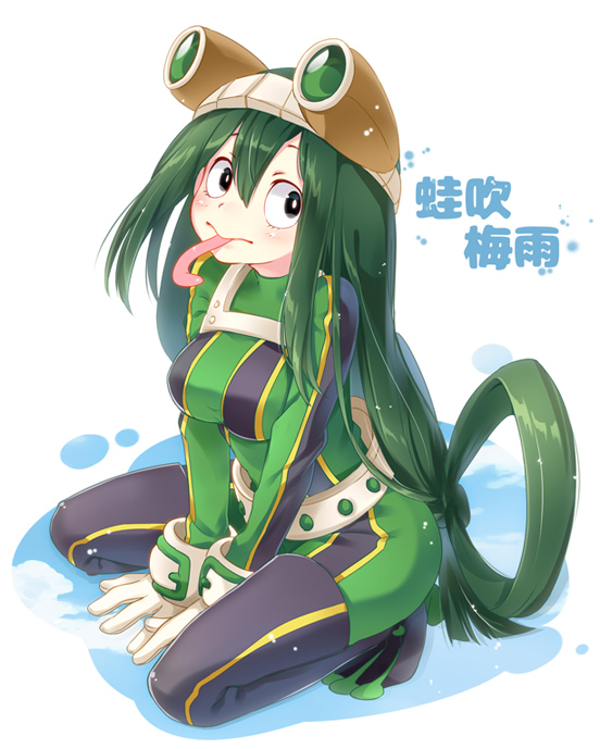 10s, 1girl, :>, asui_tsuyu, asui_tsuyu_(hero_outfit), belt, between_legs, blush