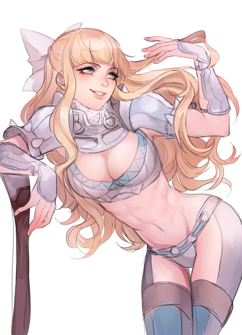 1girl, armor, biceps, bikini_armor, blonde_hair, blue_eyes, bow, breasts, charlotte_(fire_emblem), cleavage, female_focus, fire_emblem, fire_emblem_fates, hair_bow, highres, large_breasts, long_hair, nintendo, pauldrons, shoulder_armor, sinnygoto, smile, solo, spikes, weapon, white_bow