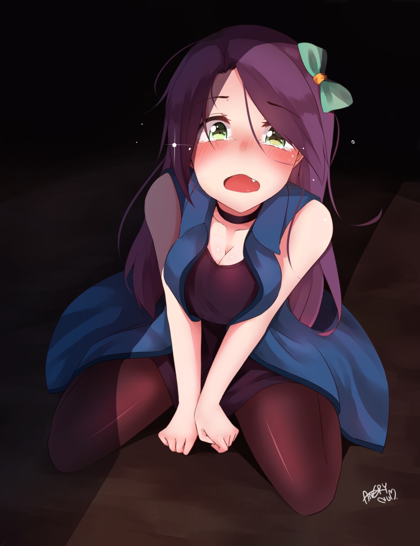 1girl, abigail_(stardew_valley), bad_id, bad_pixiv_id, bare_shoulders, barefoot, blush, breasts, choker, cleavage, crying, crying_with_eyes_open, dress, fang, female_focus, green_eyes, highres, long_hair, looking_at_viewer, num_(angrynum), open_mouth, original, pantyhose, purple_hair, sitting, solo, stardew_valley, tears, v_arms, wariza