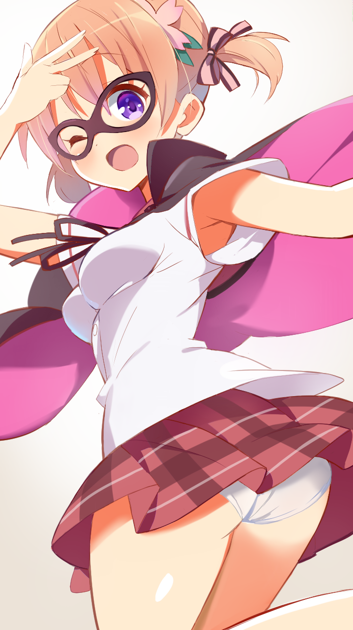 1girl, 9law, ;d, armpit_peek, ass, blush, breasts, cape, domino_mask, eye_mask, female_focus, gochuumon_wa_usagi_desu_ka?, hair_ornament, hair_ribbon, hairclip, highres, hoto_cocoa, looking_at_viewer, mask, one_eye_closed, open_mouth, panties, pantyshot, phantom_thief, phantom_thief_lapin, plaid_clothes, plaid_skirt, purple_eyes, ribbon, school_uniform, short_hair, short_twintails, simple_background, skirt, small_breasts, smile, solo, twintails, underwear, v, white_background, white_panties