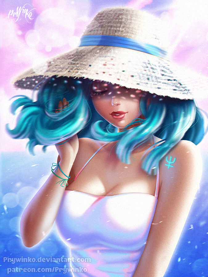 1girl, aqua_hair, artist_name, bare_shoulders, bishoujo_senshi_sailor_moon, blue_ribbon, breasts, cleavage, closed_eyes, female_focus, floating_hair, hat, hat_over_one_eye, hat_ribbon, kaiou_michiru, light_particles, light_smile, neptune_symbol, ocean, one_eye_covered, parted_lips, prywinko, red_lips, ribbon, short_hair, solo, straw_hat, sun_hat, upper_body, watermark, web_address