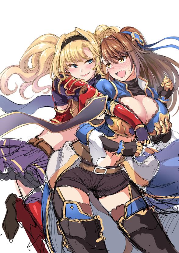 10s, 2girls, armor, beatrix_(granblue_fantasy), belt, black_legwear, blonde_hair, blue_eyes, blush, breasts, brown_eyes, brown_hair, cleavage_cutout, clothing_cutout, from_behind, grabbing_another's_breast, granblue_fantasy, groping, hair_intakes, hair_ornament, hairband, jpeg_artifacts, large_breasts, leg_up, long_hair, looking_at_another, multiple_girls, nashiru, nashiru_(kuusou_banana), navel, open_mouth, shorts, simple_background, smile, thighhighs, twintails, white_background, yuri, zeta_(granblue_fantasy)