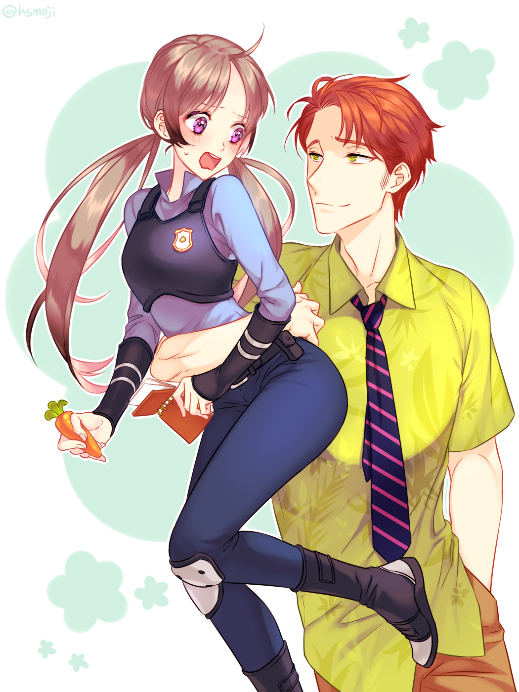 1boy, 1girl, belt, blush, carrot, collared_shirt, disney, green_eyes