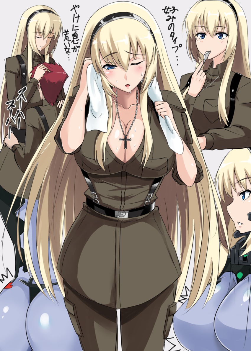 1boy, 1girl, ass, belt, blonde_hair, blue_eyes, blush, bodysuit, breast_smother, breasts, cleavage, collarbone, cross, cross_necklace, face_to_breasts, fortified_suit, grey_background, head_on_chest, hetero, highres, irisdina_bernhard, jewelry, large_breasts, long_hair, mecha_pilot_suit, military, military_uniform, multiple_views, muv-luv, muv-luv_alternative, necklace, pilot_suit, red_hair, schwarzesmarken, simple_background, smile, spoon, standing, suspenders, sweat, takara_joney, theodor_edelbach, towel, utensil_in_mouth, very_long_hair