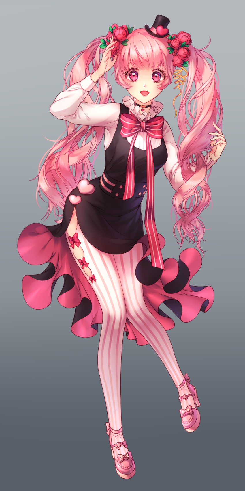 1girl, absurdres, black_dress, bow, choker, dress, female_focus, flower