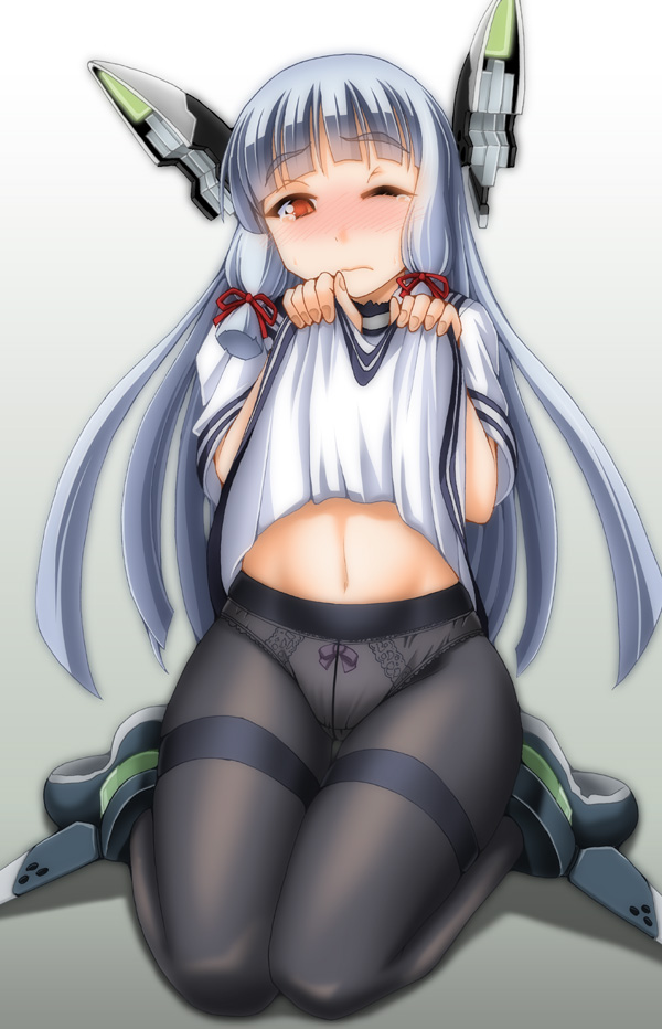10s, 1girl, black_pantyhose, blue_hair, blunt_bangs, blush, clothes_lift, crotch_seam, dress, dress_lift, eyebrows, female_focus, hair_ribbon, headgear, kantai_collection, keito_(keito-ya), long_hair, murakumo_(kancolle), navel, one_eye_closed, orange_eyes, panties, panties_under_pantyhose, pantyhose, red_eyes, ribbon, sailor_dress, short_sleeves, sidelocks, silver_hair, sitting, skirt, skirt_lift, solo, sweatdrop, tears, thighband_pantyhose, tress_ribbon, underwear, wariza, wavy_mouth, white_panties