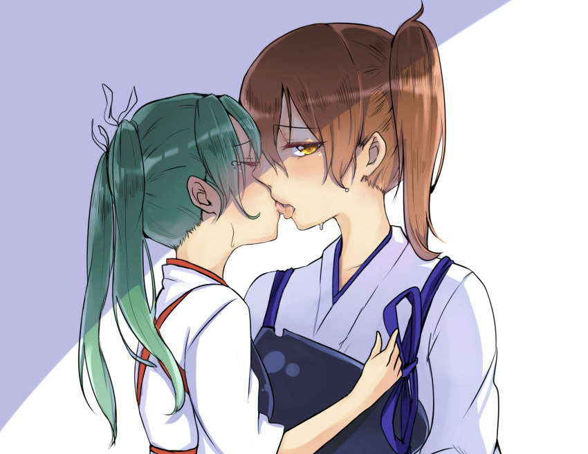 10s, 2girls, brown_eyes, brown_hair, closed_eyes, female_focus, french_kiss, green_hair, highres, japanese_clothes, kaga_(kancolle), kantai_collection, kiss, kotori_(b-i-r-d), long_hair, multiple_girls, muneate, saliva, side_ponytail, size_difference, tongue, twintails, yuri, zuikaku_(kancolle)