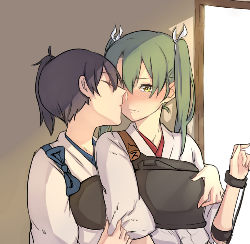 10s, 2girls, brown_eyes, brown_hair, green_hair, highres, japanese_clothes, kaga_(kancolle), kantai_collection, kotori_(b-i-r-d), long_hair, multiple_girls, muneate, side_ponytail, twintails, yuri, zuikaku_(kancolle)