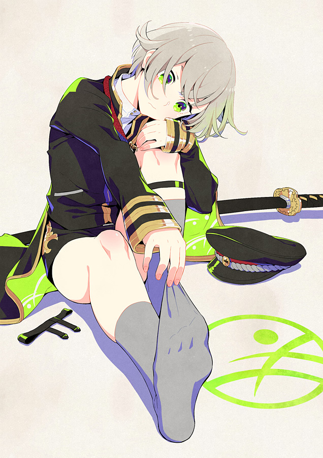 10s, 1boy, cape, green_eyes, grey_socks, hat, hotarumaru, kneehighs