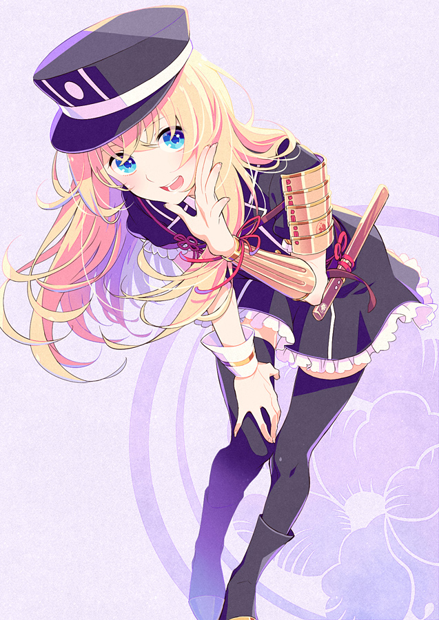 10s, 1boy, armor, black_thighhighs, blonde_hair, blue_eyes, crossdressing, crossdressing_(mtf), dress, gold_trim, hat, japanese_armor, kote, koyama_kariko, leaning_forward, long_hair, male_focus, midare_toushirou, open_mouth, short_sword, shoulder_armor, smile, sode, solo, sword, tantou, thighhighs, touken_ranbu, trap, very_long_hair, weapon