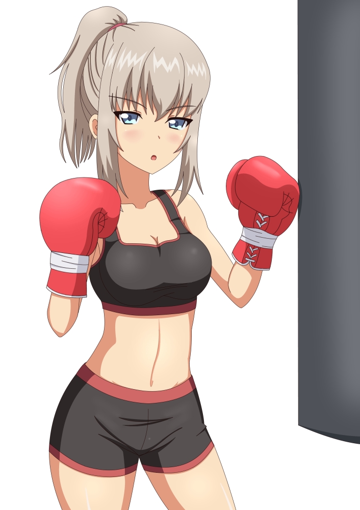 10s, 1girl, bare_shoulders, blue_eyes, blush, boxing, boxing_gloves, breasts