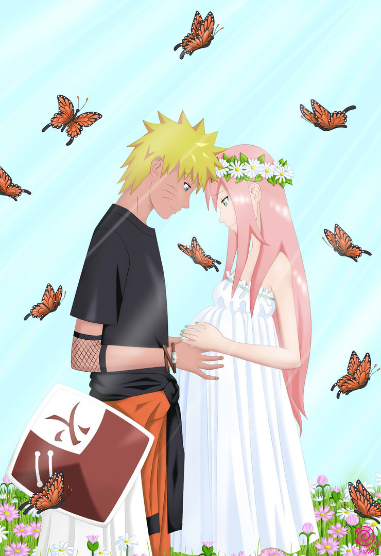 1boy, 1girl, artist_request, black_shirt, blonde_hair, blue_eyes, bug, butterfly, clothes_around_waist, day, facial_mark, field, flower, flower_field, green_eyes, hands_on_another's_stomach, haruno_sakura, head_wreath, hokage_hat, insect, jacket, jacket_around_waist, long_hair, looking_down, naruto_(series), naruto_shippuuden, orange_pants, pants, pink_hair, pregnant, shirt, uzumaki_naruto, whisker_markings