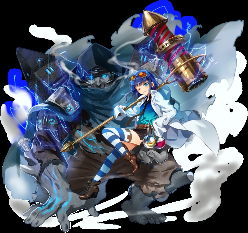 1girl, black_necktie, blue_eyes, blue_hair, brown_footwear, building, cloak, colored_skin, electricity, eyewear_on_head, flask, frankenstein's_castle, full_body, glowing, glowing_eyes, grey_skin, hammer, lab_coat, looking_at_viewer, monster, muscular, nail_(hardware), necktie, official_art, one_eye_closed, oshiro_project:re, over_shoulder, potion, round-bottom_flask, shoes, simple_background, size_difference, striped_clothes, striped_thighhighs, thighhighs, transparent_background, white_background, zettai_ryouiki
