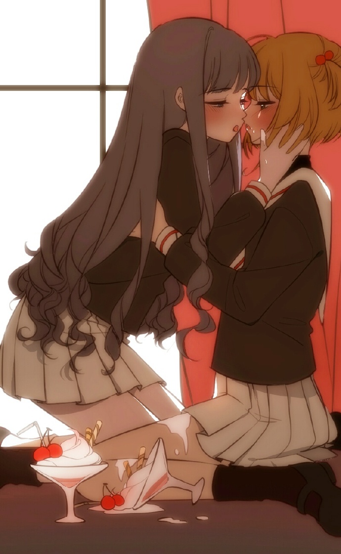 1990s_(style), 2girls, black_hair, black_legwear, brown_hair, cardcaptor_sakura, couple, curtains, daidouji_tomoyo, food, food_on_body, food_on_hand, food_on_legs, half-closed_eyes, hime_cut, ice_cream, imminent_kiss, kinomoto_sakura, kneeling, long_hair, multiple_girls, nikigo_nuno, no_hairband, no_shoes, pleated_skirt, retro_artstyle, school_uniform, serafuku, short_hair, sitting, skirt, socks, spill, tomoeda_middle_school_uniform, very_long_hair, wariza, white_skirt, yuri