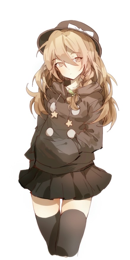 1girl, adapted_costume, alternate_headwear, black_skirt, black_thighhighs, blonde_hair, braid, contemporary