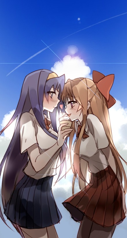 00s, 2girls, blonde_hair, blue_hair, blue_skirt, blue_sky, blush, bow