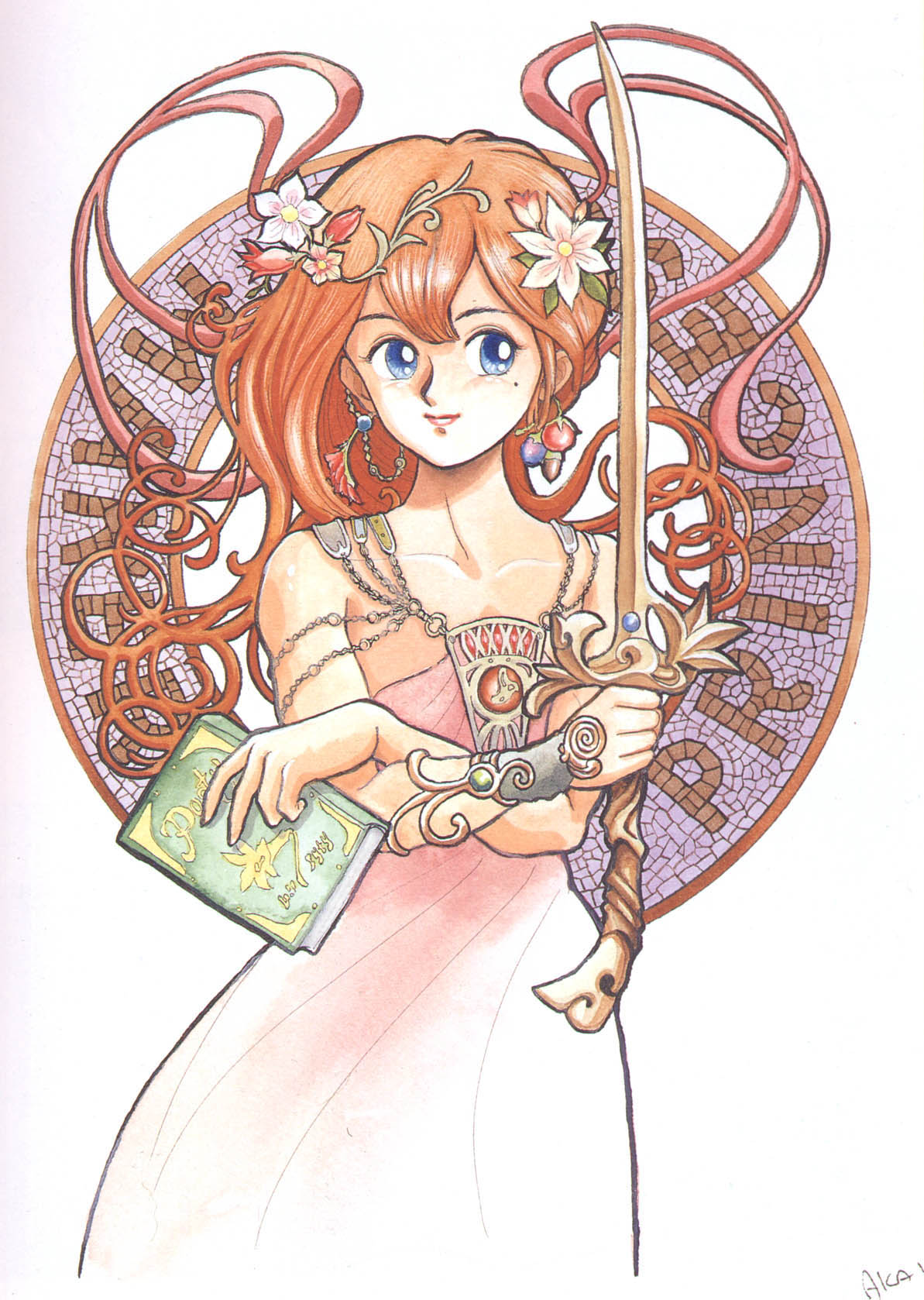 blue_eyes, book, dress, earrings, flower, highres, jewelry, lipstick