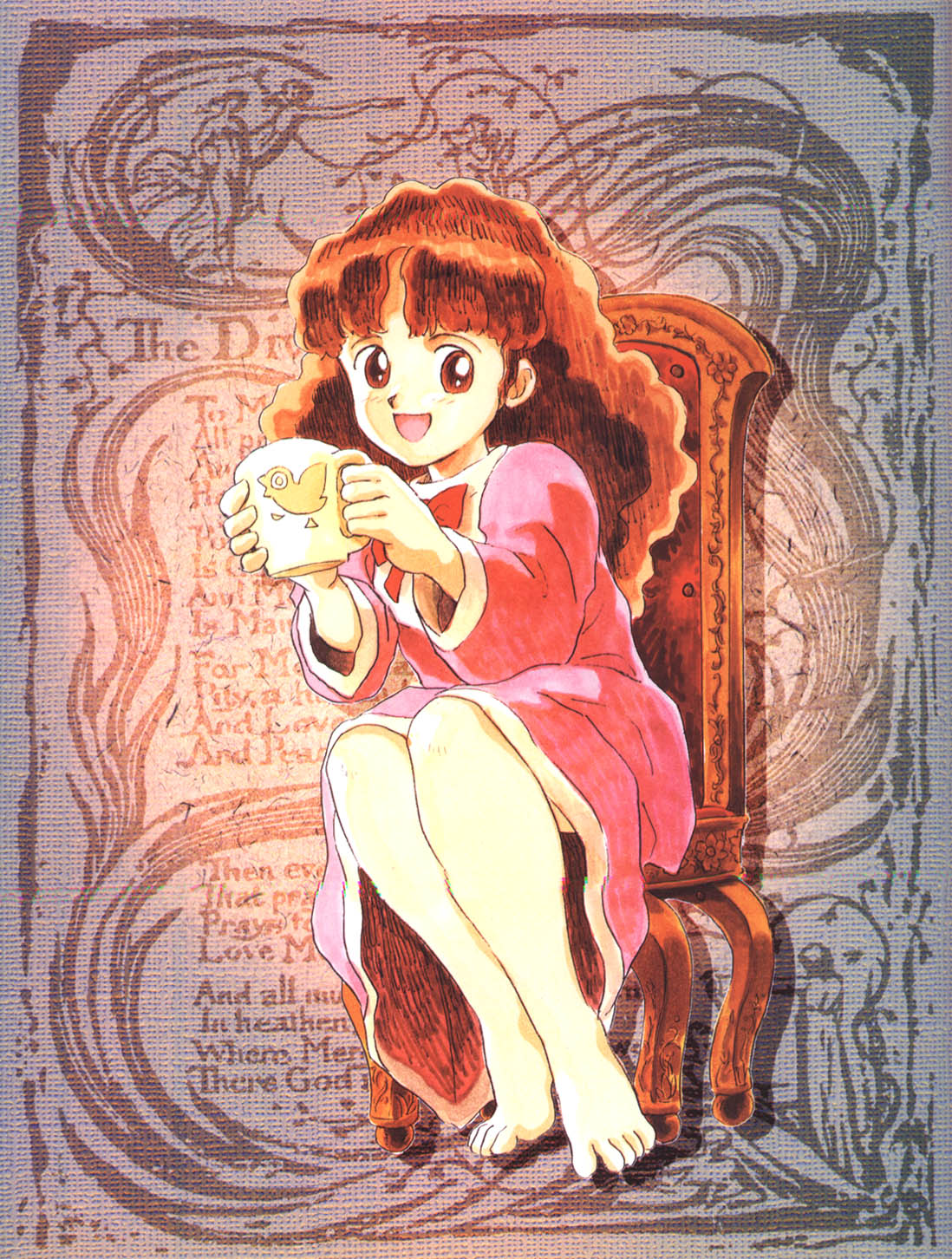 1girl, akai_takami, barefoot, blush, brown_eyes, brown_hair, chair, dress, drink, highres, holding_cup, long_hair, long_sleeves, looking_at_viewer, olive_oyl_(princess_maker_2), open_mouth, pink_dress, princess_maker_(series), princess_maker_2, sitting, smile