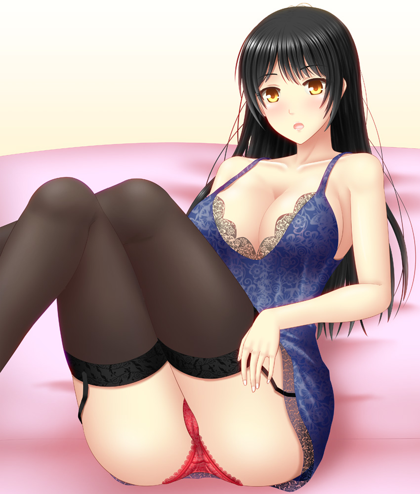 1girl, bare_shoulders, black_hair, black_thighhighs, blush, breasts, brown_eyes, cleavage