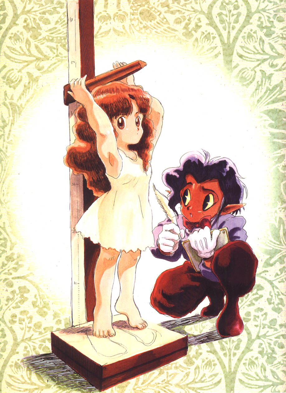 1boy, 1girl, akai_takami, armpits, barefoot, bow, bowtie, cube_(princess_maker), dark_skin, demon, dress, highres, olive_oyl_(princess_maker_2), pointy_ears, princess_maker_(series), princess_maker_2, purple_hair, quill