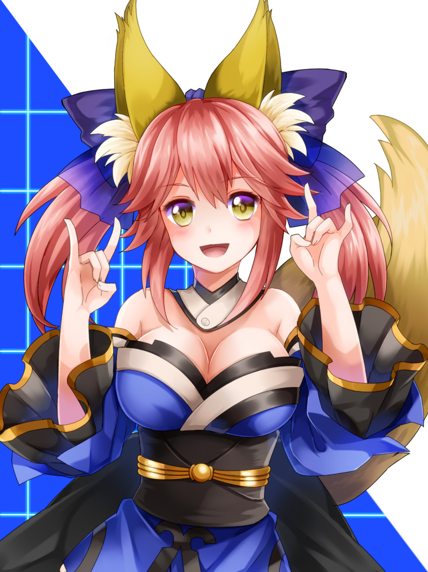 10s, 1girl, animal_ears, blue_legwear, blush, breasts, cleavage, detached_sleeves