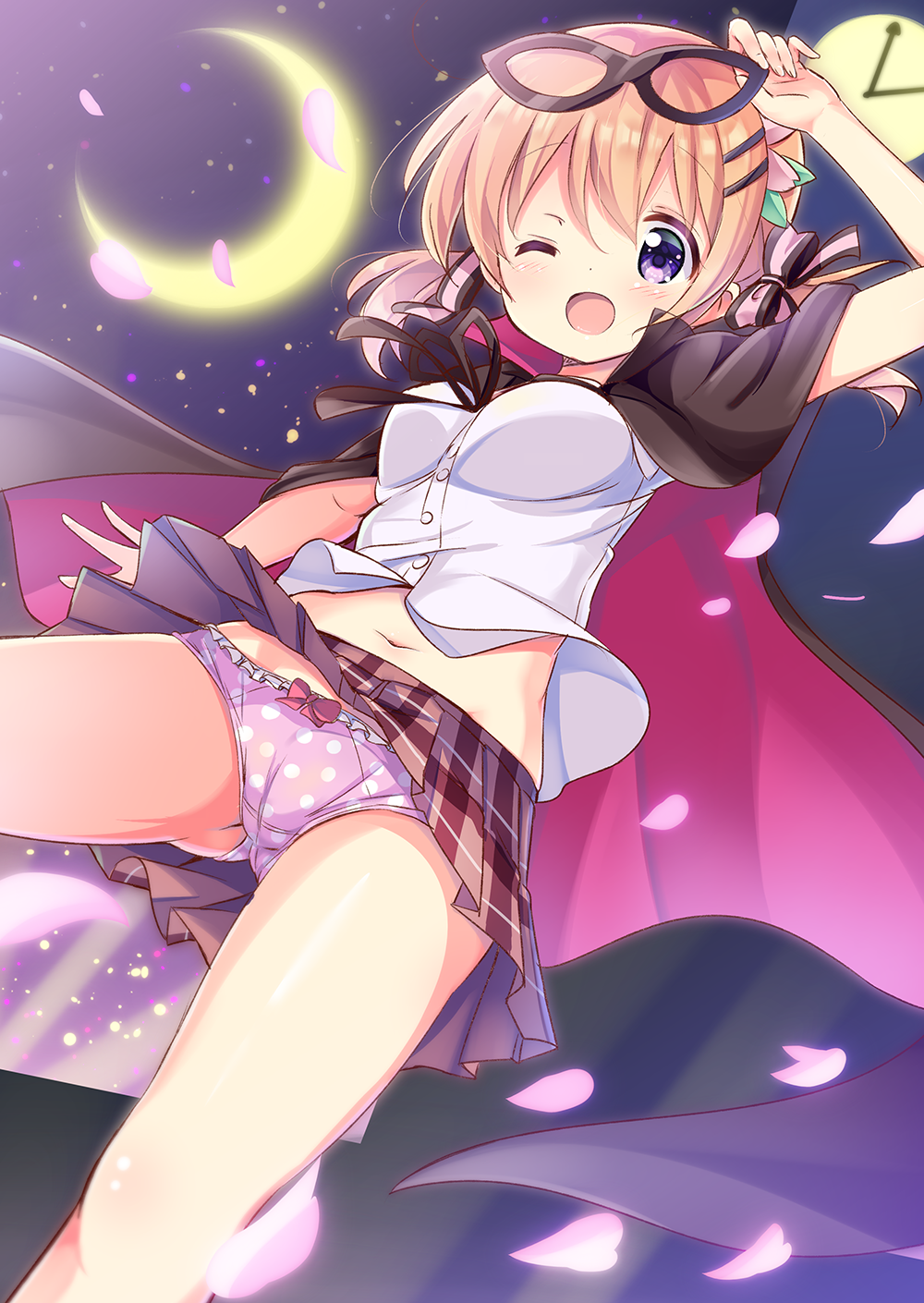 1girl, :d, ;d, blush, bow, bow_panties, brown_hair, cameltoe, cape, cherry_blossoms, eyewear_on_head, female_focus, gochuumon_wa_usagi_desu_ka?, hair_ornament, hair_ribbon, hairclip, highres, hoto_cocoa, kurou_(quadruple_zero), looking_at_viewer, navel, one_eye_closed, open_mouth, panties, phantom_thief_lapin, pink_panties, polka_dot, polka_dot_panties, purple_eyes, ribbon, short_hair, short_twintails, smile, solo, twintails, underwear, upskirt