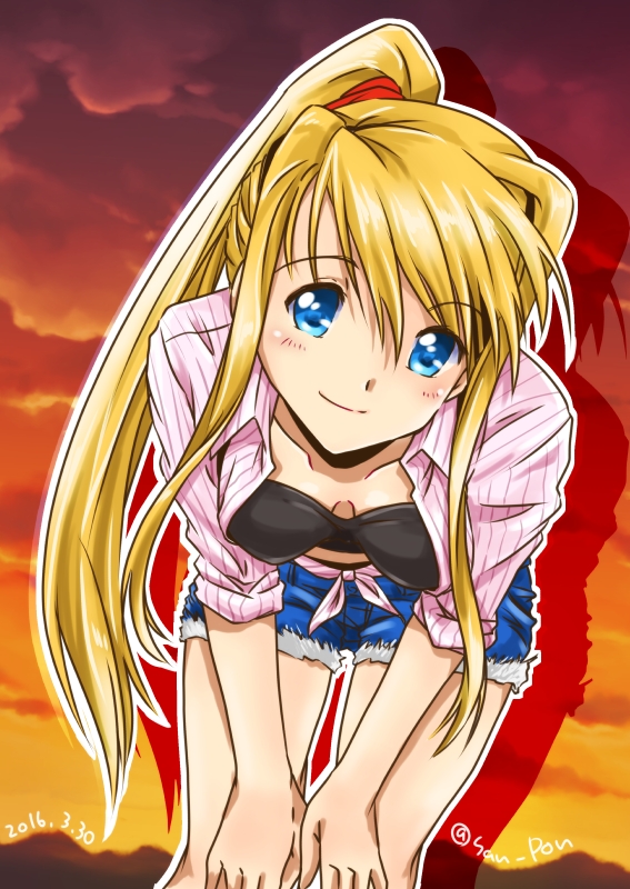 1girl, blonde_hair, blue_eyes, blush, bra, dated, denim, denim_shorts