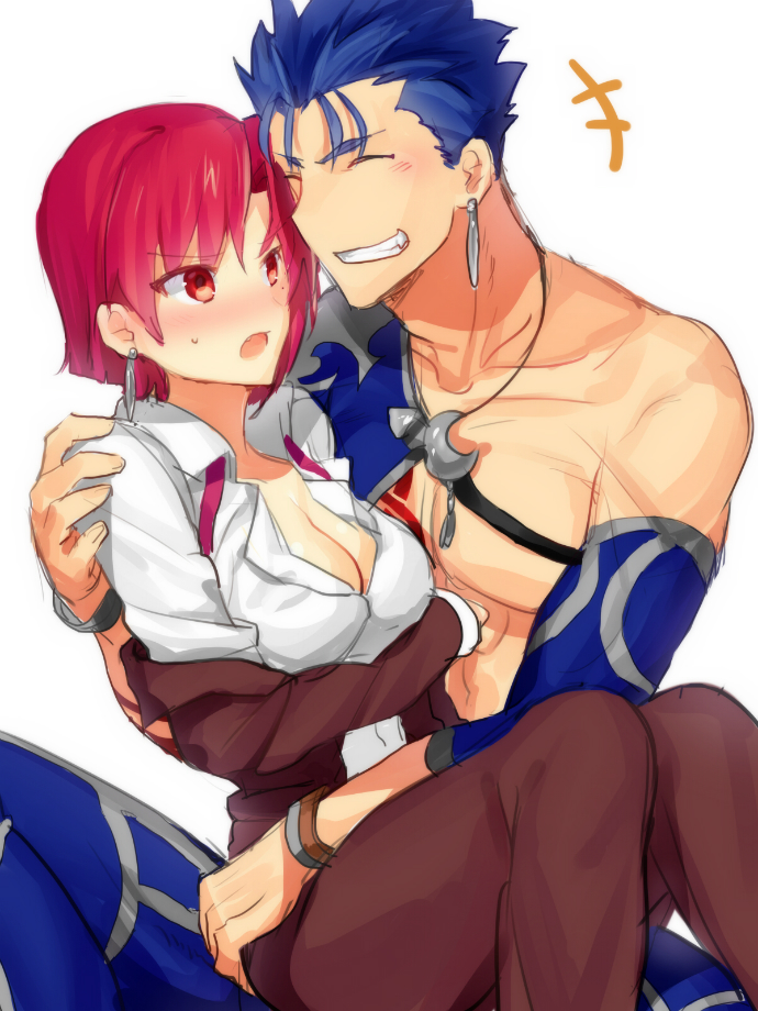 1boy, 1girl, :o, bazett_fraga_mcremitz, blue_hair, blush, bodysuit, breasts