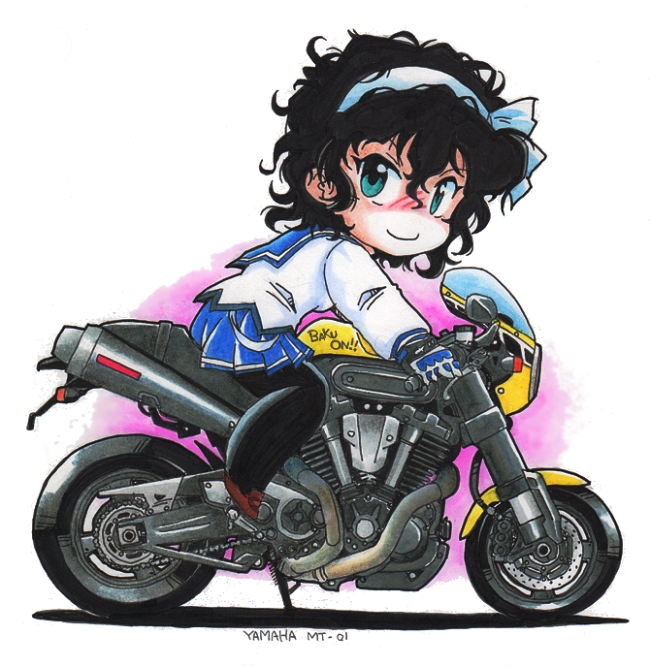 10s, amano_onsa, bakuon!!, commentary_request, motor_vehicle, motorcycle, mt-01, norio_(459factory)