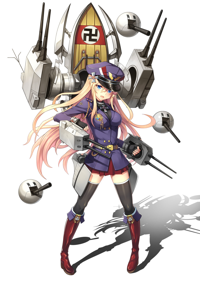 1girl, absurdres, aiguillette, black_gloves, black_thighhighs, blonde_hair, blue_eyes, boots, cannon, cross, female_focus, fingerless_gloves, full_body, gloves, hat, highres, iron_cross, knee_boots, kriegsmarine, ling_si, long_hair, military, military_uniform, miniskirt, open_mouth, original, peaked_cap, pleated_skirt, red_boots, ship_girl, skirt, solo, swastika, thighhighs, wehrmacht, zettai_ryouiki