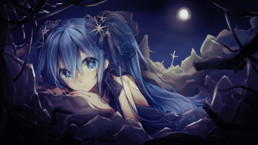 1girl, bad_id, bad_pixiv_id, blue_eyes, blue_hair, dress, expressionless, female_focus, hatsune_miku, highres, long_hair, looking_at_viewer, lying, maerchen_noir, matching_hair/eyes, moon, nail_polish, night, on_stomach, outdoors, solo, twintails, vocaloid