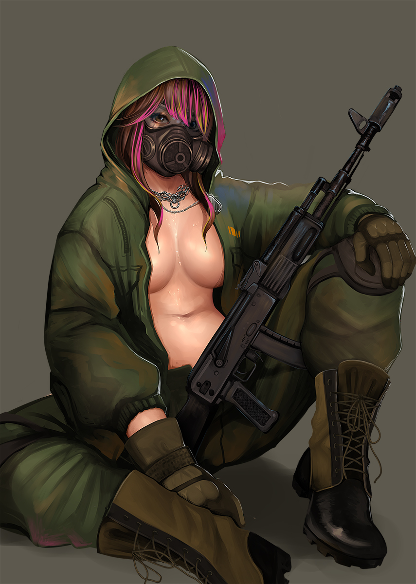 1girl, ak-74, ak-74m, assault_rifle, bad_id, bad_pixiv_id, boots, breasts
