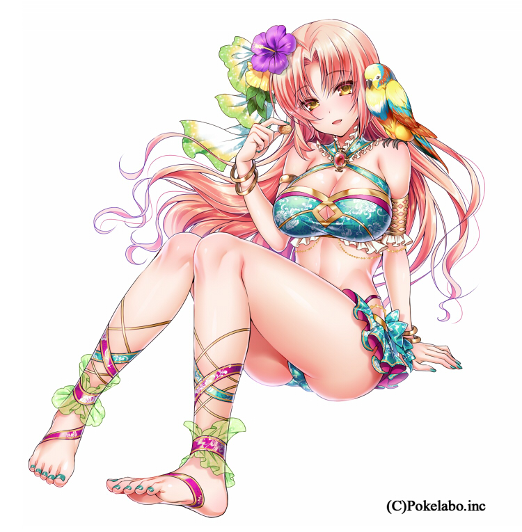 1girl, ankle_lace-up, ankle_ribbon, arm_support, barefoot, bikini, bird, blue_nails, blush, bracelet, breasts, brown_eyes, cleavage, cockatiel, feet, female_focus, flower, full_body, hair_flower, hair_ornament, hibiscus, hizuki_akira, jewelry, large_breasts, leg_ribbon, long_hair, looking_at_viewer, nail_polish, navel, open_mouth, original, parrot, parted_lips, pink_hair, ribbon, simple_background, smile, solo, swimsuit, toenail_polish, toenails, toes, white_background
