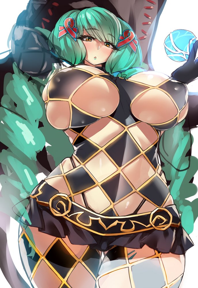 1girl, argyle_clothes, diamond_cutout, breasts, brown_eyes, clothing_cutout, covered_erect_nipples, curvy, drill_hair, female_focus, fiore_brunelli, gloves, green_hair, hair_ribbon, huge_breasts, long_hair, looking_at_viewer, parted_lips, revealing_clothes, ribbon, simple_background, skindentation, solo, star_ocean, star_ocean:_integrity_and_faithlessness, takamura_wamu, thick_thighs, thigh_gap, thighs, twin_drills, white_background, wide_hips, yellow_eyes