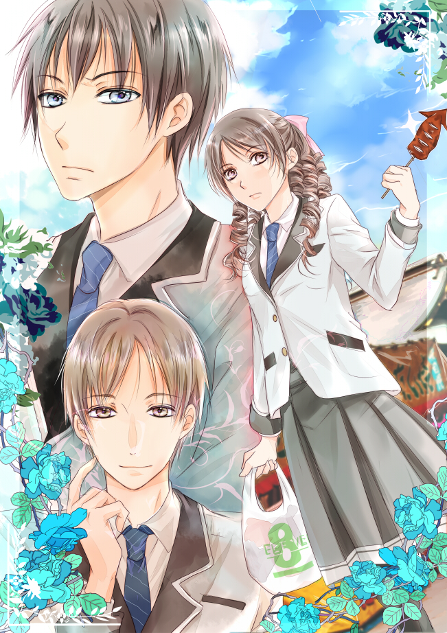 1girl, 2boys, 7-eleven, akebi_(kakuri), bag, black_hair, blazer, bow