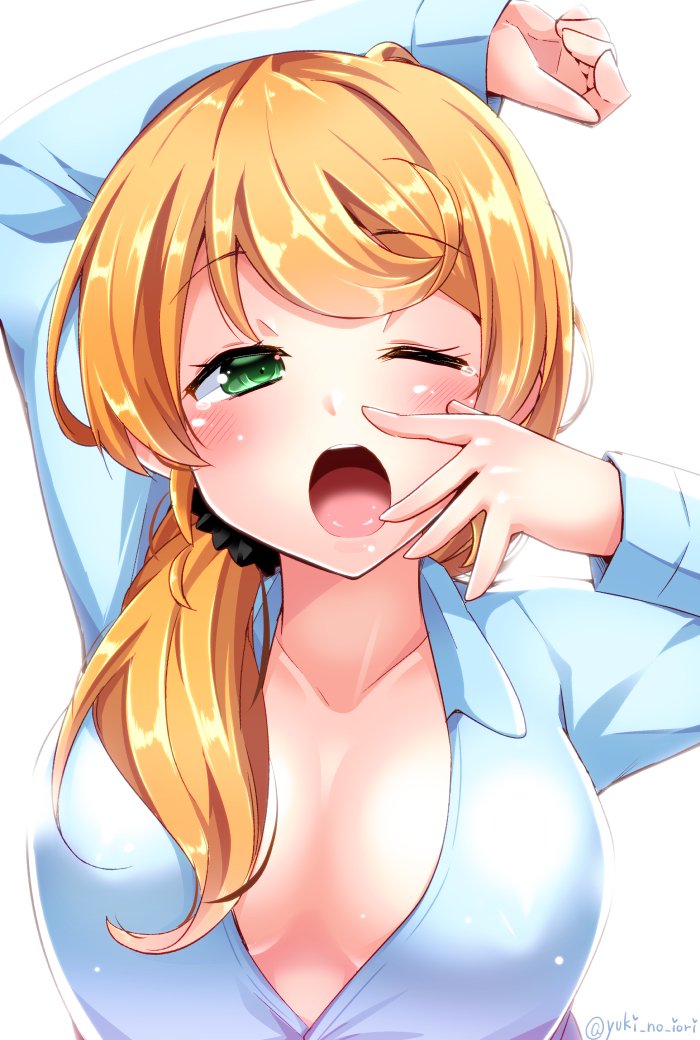1girl, blonde_hair, blush, breasts, cleavage, ellen_baker, female_focus, green_eyes